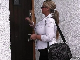 Big globes woman in uniform screwed from